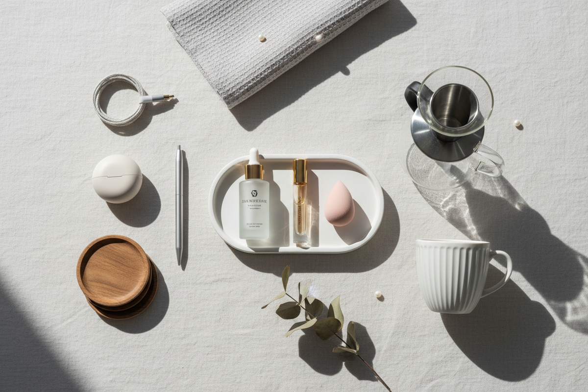“Create a clean, premium lifestyle flat-lay photo featuring a mix of modern products such as beauty items, small gadgets, or home & kitchen accessories. Use a soft neutral background, natural daylight, soft shadows, and an aesthetic minimal style. Make the image look like real Instagram lifestyle content, high quality and trustworthy.”