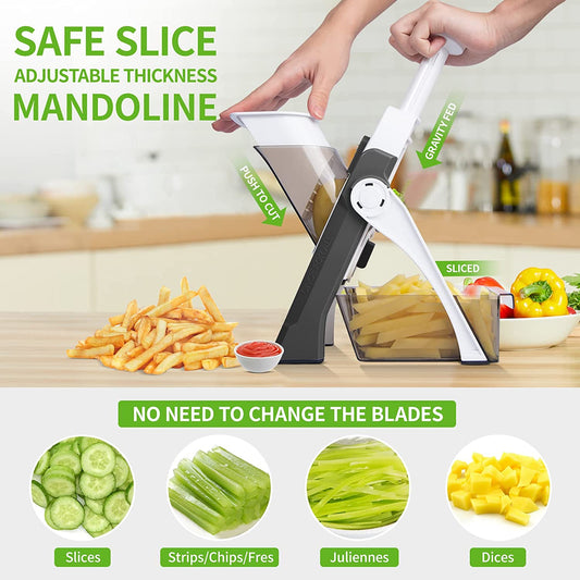 Safe Slice Adjustable Mandoline Slicer – 4-in-1 Vegetable Cutter for Slicing, Julienne, Strip-Cutting & Dicing with Adjustable Thickness