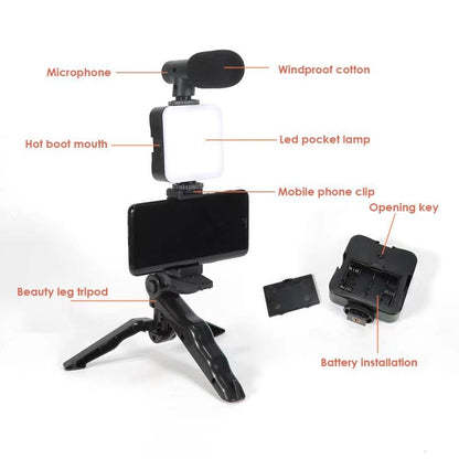 Complete Vlogging Kit with Microphone, LED Light & Tripod Stand | Mobile Video Recording Setup for YouTube & TikTok